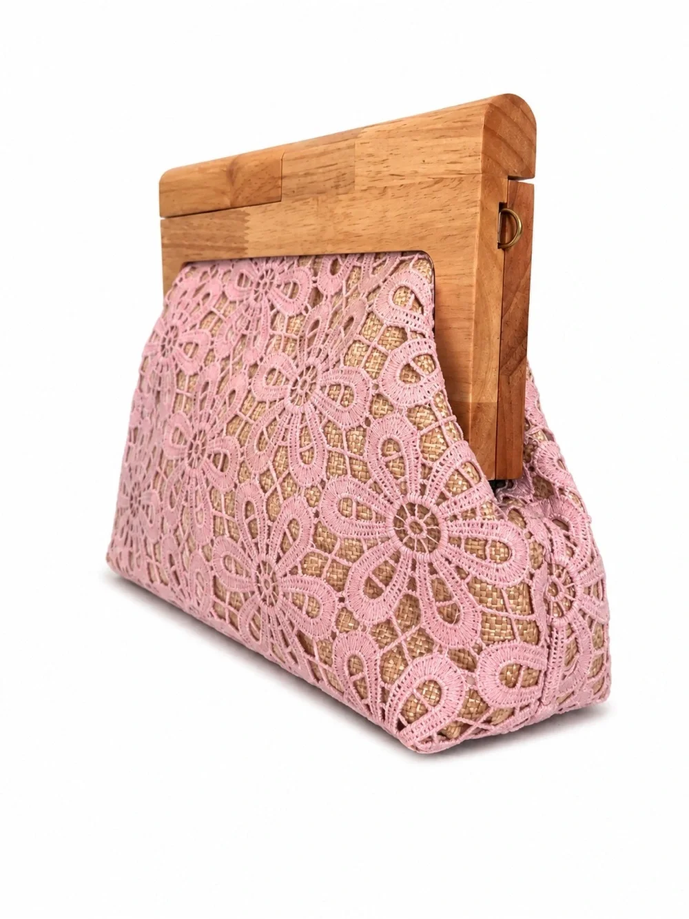 Women’s Pink Lace Floral Clutch with Wooden Frame